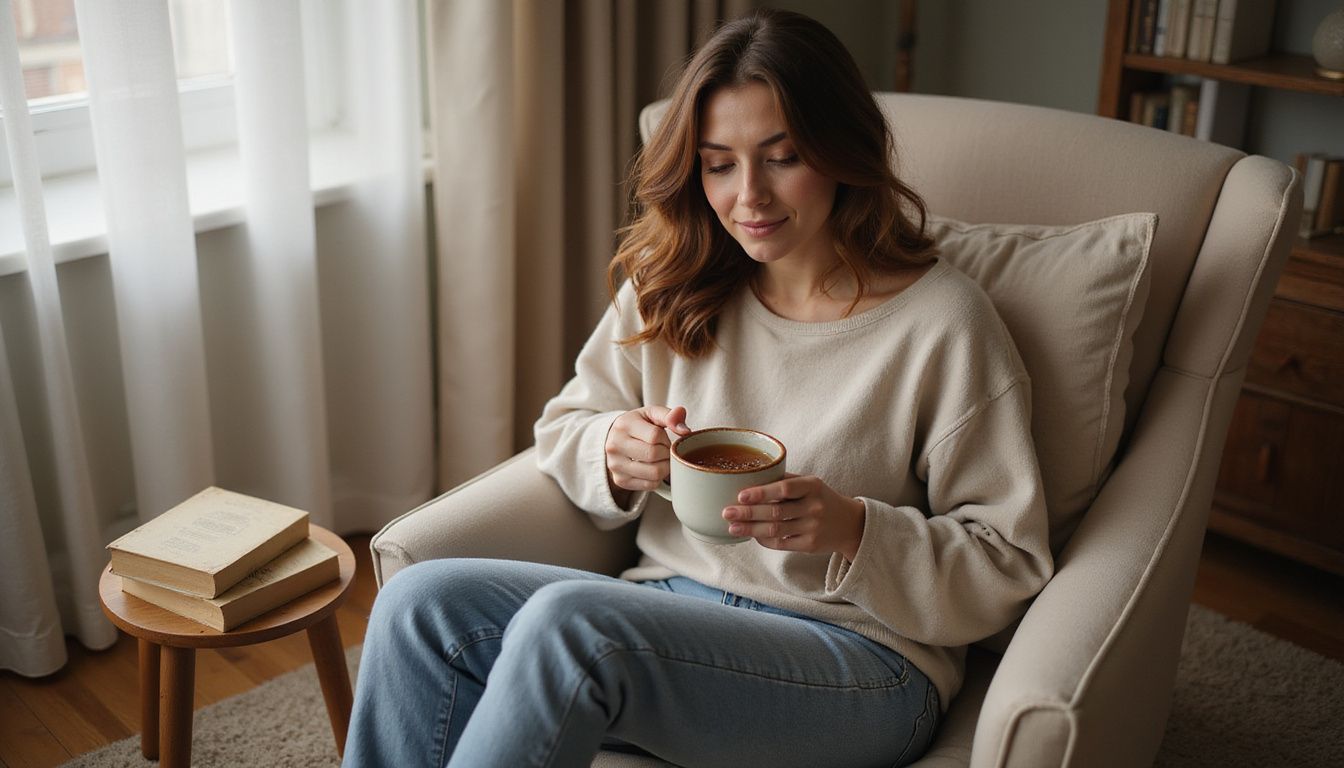 A relaxed woman enjoys tea in a cozy bedroom setting.