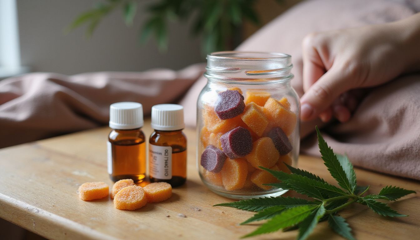 A serene bedside scene featuring sleep gummies, hemp leaves, and vitamins.