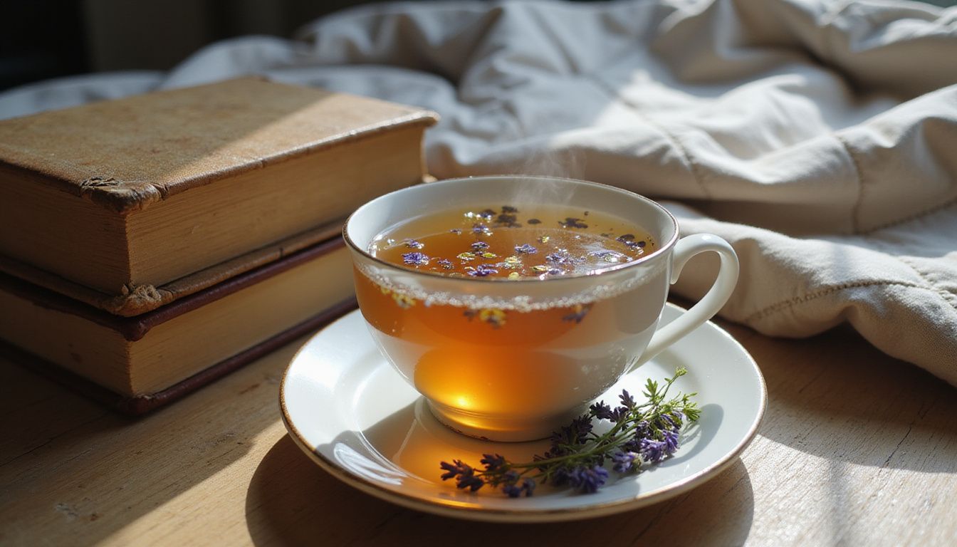 A porcelain teacup with chamomile and lavender tea on a nightstand.